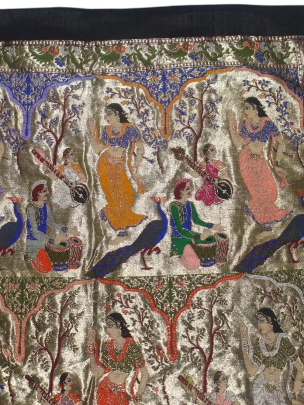 Indian Metallic Brocade Wall Hanging Tapestry Women Musicians Peacocks